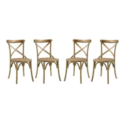 Modway Gear Rustic Modern Farmhouse Elm Wood Rattan Four Dining Chairs in Natural