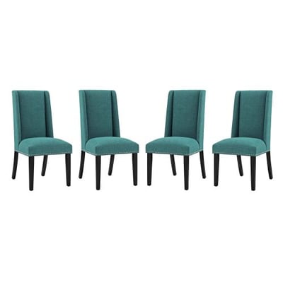 Modway Baron Modern Tall Back Wood Upholstered Fabric Four Dining Chairs in Teal