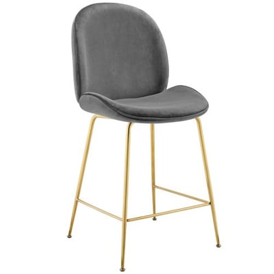 Modway Scoop Performance Velvet Dining Counter Stool with Gold Stainless Steel Metal Base in Gray