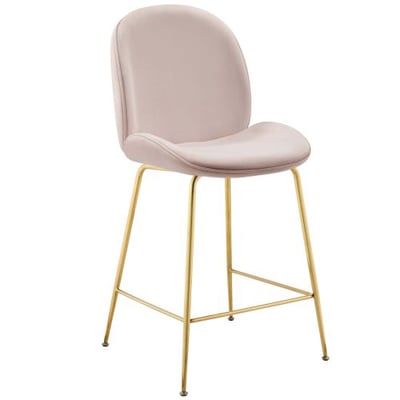 Modway Scoop Performance Velvet Dining Counter Stool with Gold Stainless Steel Metal Base in Pink