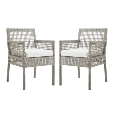 Modway Aura Wicker Rattan Outdoor Patio Two Dining Arm Chairs in Gray White