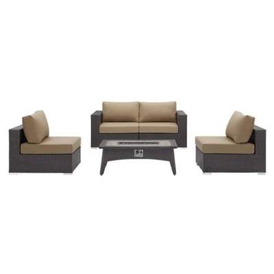 Modway EEI-3723-EXP-BEI-SET Convene Wicker Rattan Outdoor Patio Sectional Set with Fire Pit, Two Armless/Two Corner, Espresso Beige