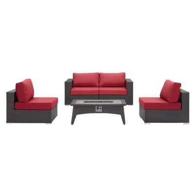 Modway EEI-3723-EXP-RED-SET Convene Wicker Rattan Outdoor Patio Sectional Set with Fire Pit, Two Armless/Two Corner, Espresso Red