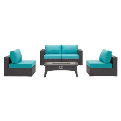 Modway EEI-3723-EXP-TRQ-SET Convene Wicker Rattan Outdoor Patio Sectional Set with Fire Pit, Two Armless/Two Corner, Espresso Turquoise