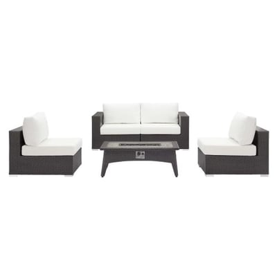 Modway EEI-3723-EXP-WHI-SET Convene Wicker Rattan Outdoor Patio Sectional Set with Fire Pit, Two Armless/Two Corner, Espresso White