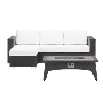 Modway Convene Wicker Rattan 3-Pc Outdoor Patio Sectional Set with Fire Pit in Espresso White