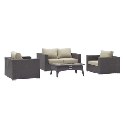 Modway Convene Wicker Rattan 4-pc Outdoor Patio Sectional Set with Fire Pit in Espresso Beige