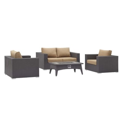 Modway Convene Wicker Rattan 4-pc Outdoor Patio Sectional Set with Fire Pit in Espresso Mocha