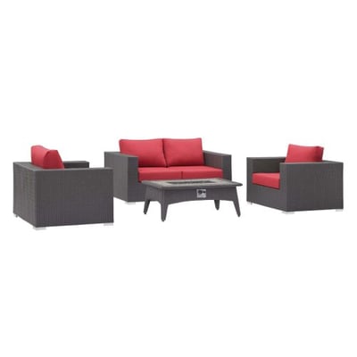 Modway Convene Wicker Rattan 4-pc Outdoor Patio Sectional Set with Fire Pit in Espresso Red
