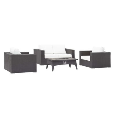 Modway Convene Wicker Rattan 4-pc Outdoor Patio Sectional Set with Fire Pit in Espresso White