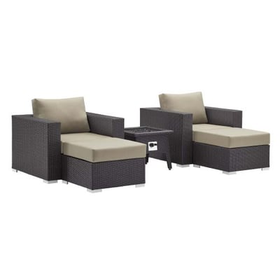 Modway Convene Wicker Rattan 5-pc Outdoor Patio Sectional Set with Fire Pit in Espresso Beige