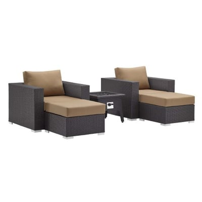 Modway Convene Wicker Rattan 5-pc Outdoor Patio Sectional Set with Fire Pit in Espresso Mocha