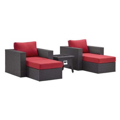 Modway Convene Wicker Rattan 5-pc Outdoor Patio Sectional Set with Fire Pit in Espresso Red