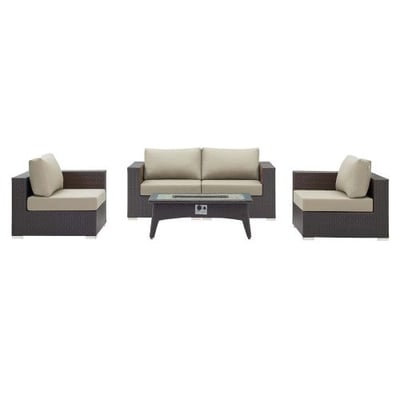 Modway Convene Wicker Rattan 5 Piece Outdoor Patio Sectional Set with Fire Pit in Espresso Beige