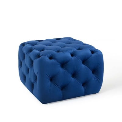 Amour Tufted Button Square Performance Velvet Ottoman, Navy