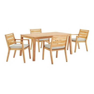 Modway Portsmouth 5 Piece Karri Wood Patio Dining Set in Natural and Taupe