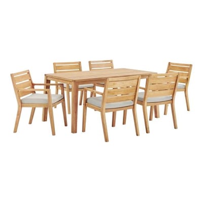 Modway Portsmouth Outdoor Patio Karri Wood Dining Set with 6 Armchairs in Natural Taupe