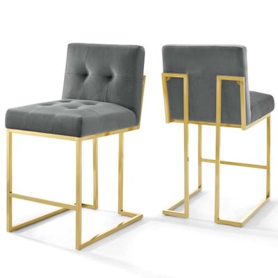 Modway Privy Stainless Steel Performance Velvet Counter Stool Set of 2, Gold Charcoal