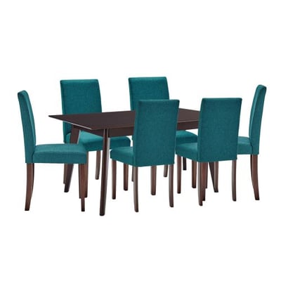 Prosper 7 Piece Upholstered Fabric Dining Set, Cappuccino Teal