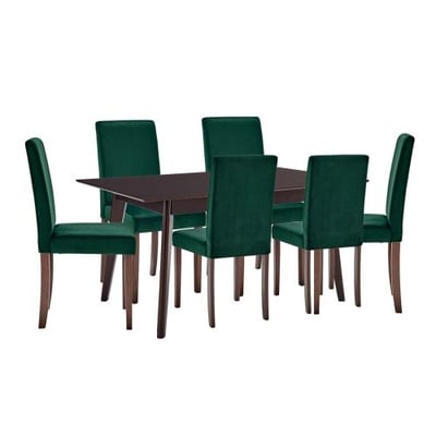 Prosper 7 Piece Upholstered Velvet Dining Set, Cappuccino Green