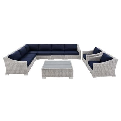 Conway Sunbrella Outdoor Patio Wicker Rattan 9-Piece Sectional Sofa Set, Light Gray Navy