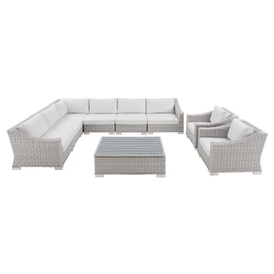 Conway Sunbrella Outdoor Patio Wicker Rattan 9-Piece Sectional Sofa Set, Light Gray White