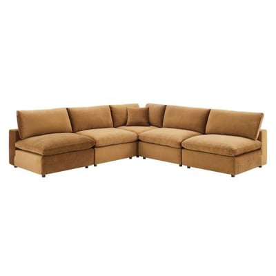 Commix Down Filled Overstuffed Performance Velvet 5-Piece Sectional Sofa in Cognac-c1