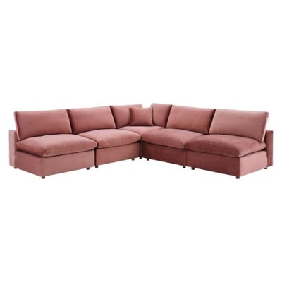 Modway Commix Down Filled Overstuffed Performance Velvet 5-Piece Sectional Sofa in Dusty Rose-15
