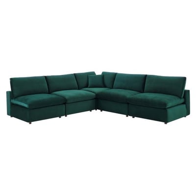 Modway Commix Down Filled Overstuffed Performance Velvet 5-Piece Sectional Sofa in Green-01