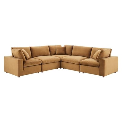 Commix Down Filled Overstuffed Performance Velvet 5-Piece Sectional Sofa in Cognac