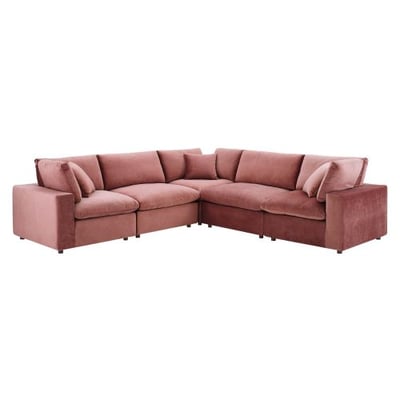 Modway Commix Down Filled Overstuffed Performance Velvet 5-Piece Sectional Sofa in Dusty Rose