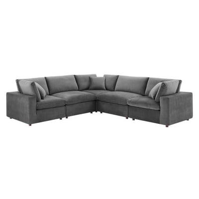 Modway Commix Down Filled Overstuffed Performance Velvet 5-Piece Sectional Sofa in Gray