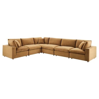 Commix Down Filled Overstuffed Performance Velvet 6-Piece Sectional Sofa in Cognac