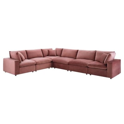 Modway Commix Down Filled Overstuffed Performance Velvet 6-Piece Sectional Sofa in Dusty Rose