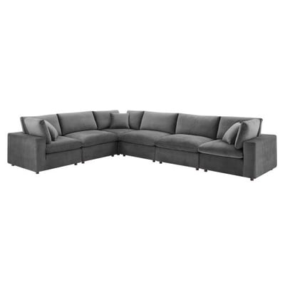 Modway Commix Down Filled Overstuffed Performance Velvet 6-Piece Sectional Sofa in Gray