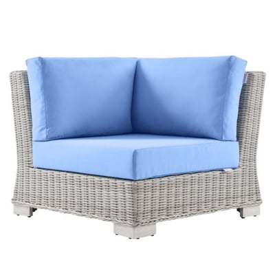 Conway Outdoor Patio Wicker Rattan Corner Chair, Light Gray Light Blue