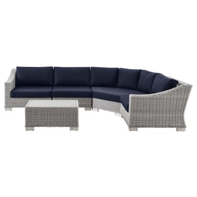 Conway Outdoor Patio Wicker Rattan 5-Piece Sectional Sofa Furniture Set, Light Gray Navy