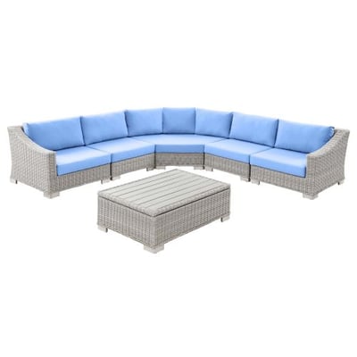 Conway Outdoor Patio Wicker Rattan 6-Piece Sectional Sofa Furniture Set, Light Gray Light Blue, Overall Product Dimensions: 100