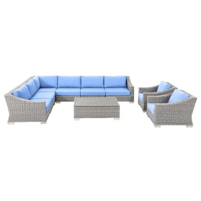 Conway Outdoor Patio Wicker Rattan 9-Piece Sectional Sofa Furniture Set, Light Gray Light Blue