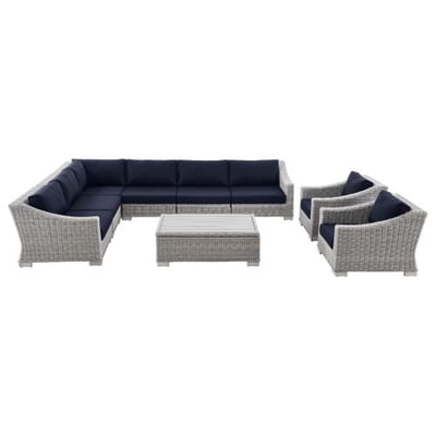 Conway Outdoor Patio Wicker Rattan 9-Piece Sectional Sofa Furniture Set, Light Gray Navy