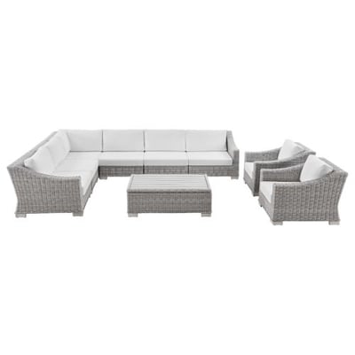 Conway Outdoor Patio Wicker Rattan 9-Piece Sectional Sofa Furniture Set, Light Gray White