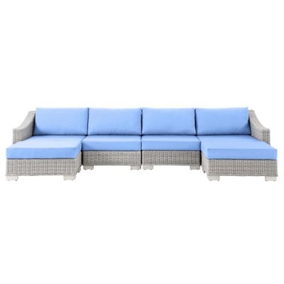 Conway Outdoor Patio Wicker Rattan 6-Piece Sectional Sofa Furniture Set, Light Gray Light Blue