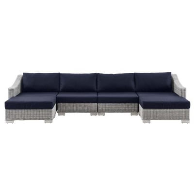 Conway Outdoor Patio Wicker Rattan 6-Piece Sectional Sofa Furniture Set, Light Gray Navy
