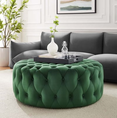 Amour Tufted Button Large Round Performance Velvet Ottoman, Emerald