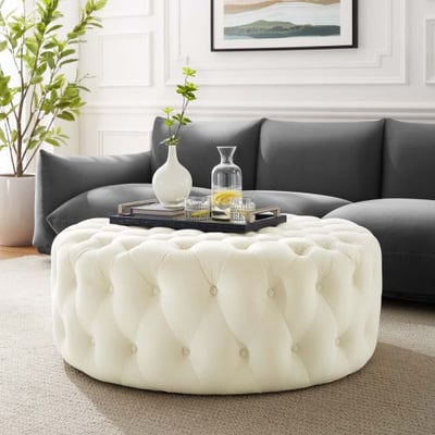 Amour Tufted Button Large Round Performance Velvet Ottoman, Ivory