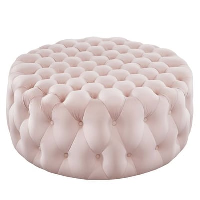 Amour Tufted Button Large Round Performance Velvet Ottoman, Pink