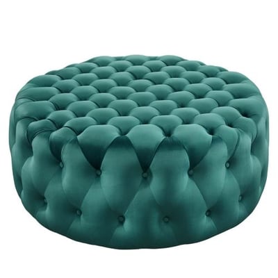 Amour Tufted Button Large Round Performance Velvet Ottoman, Teal