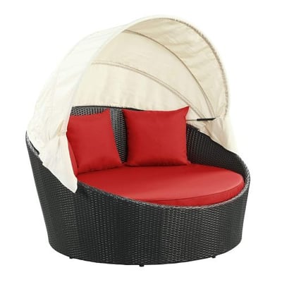 Modway Siesta Outdoor Wicker Patio Espresso Canopy Bed with Red Cushions