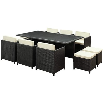 Modway Reversal Outdoor Wicker Patio 11-Piece Dining Set in Espresso with White Cushions