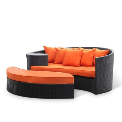 Modway Taiji Outdoor Wicker Patio Daybed with Ottoman in Espresso with Orange Cushions